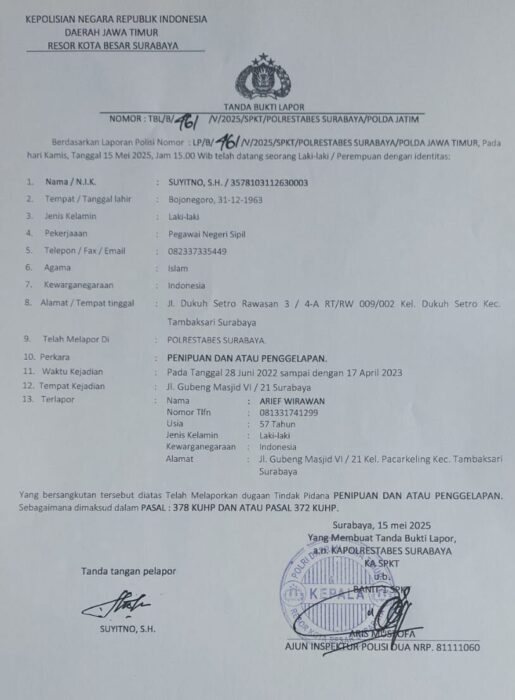 Ketua PAC Tambaksari PDIP Surabaya Dilaporkan Polisi atas Dugaan Penipuan