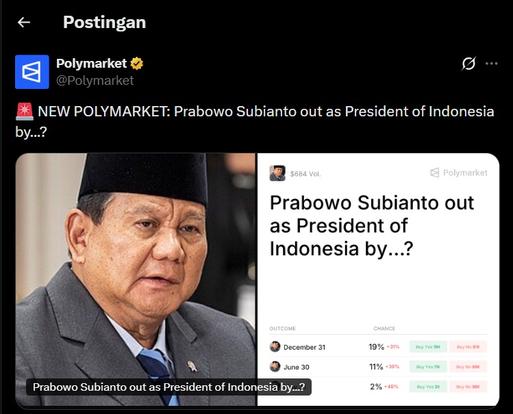 Heboh! Nama Prabowo Muncul di Polymarket, Jabatan Presiden RI Jadi Objek Prediksi