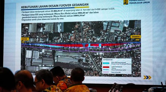 Peta kebutuhan lahan proyek Flyover Gedangan di Kabupaten Sidoarjo yang menampilkan area terdampak pembebasan lahan untuk pembangunan jembatan layang.