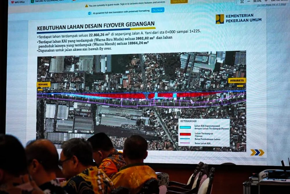Peta kebutuhan lahan proyek Flyover Gedangan di Kabupaten Sidoarjo yang menampilkan area terdampak pembebasan lahan untuk pembangunan jembatan layang.
