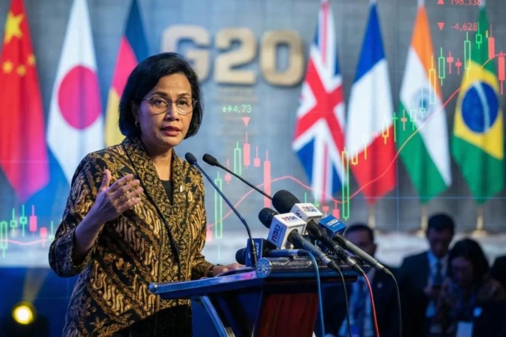 Sri Mulyani Indrawati berbicara di podium dalam forum ekonomi internasional dengan latar bendera negara G20 dan grafik pasar
