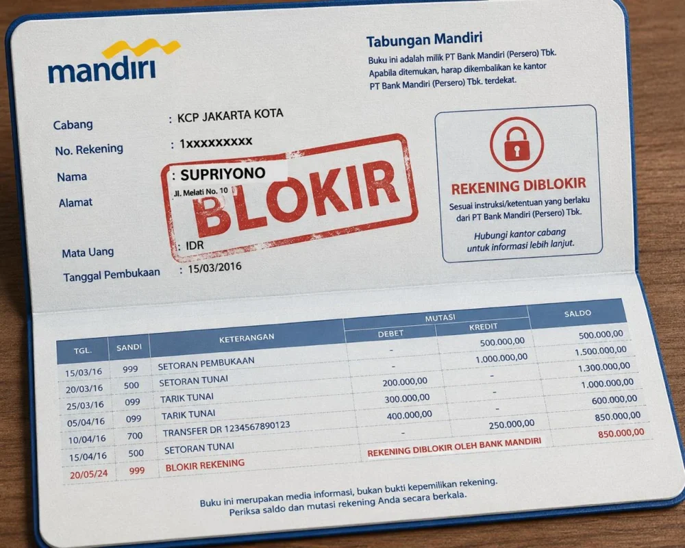 Buku tabungan Bank Mandiri atas nama Supriyono dengan keterangan rekening diblokir.