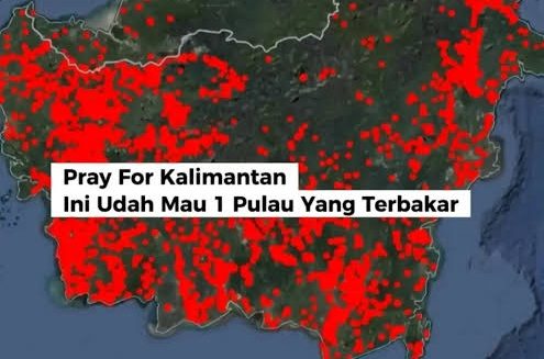 Peta Pulau Kalimantan menampilkan banyak titik merah yang menunjukkan sebaran titik api atau kebakaran di berbagai wilayah.