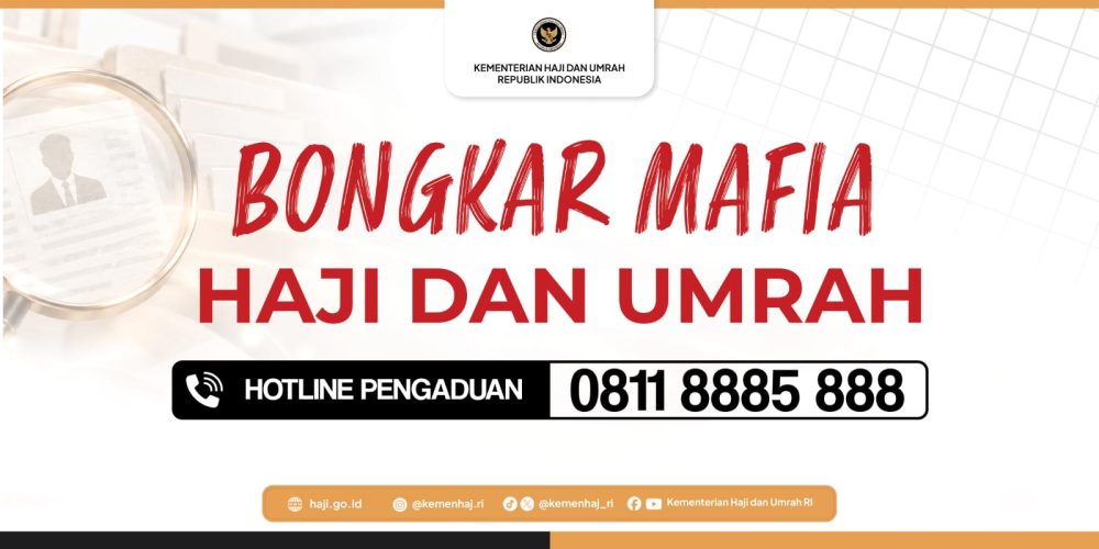Poster hotline pengaduan Kementerian Haji dan Umrah untuk laporan terkait haji dan umrah.