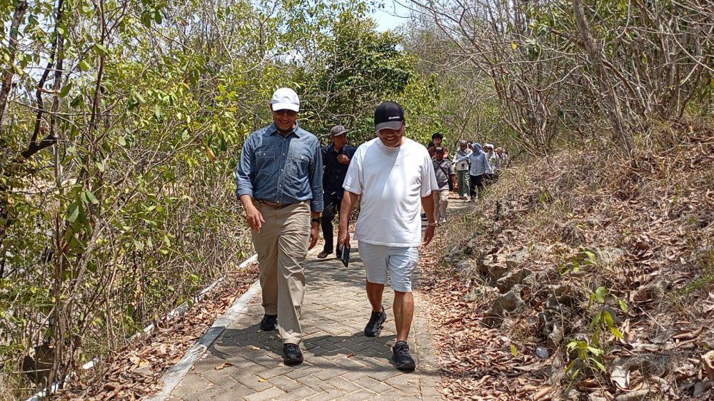 Andreas Eddy Susetyo dan Hasan Fawzi berjalan meninjau kawasan konservasi mangrove CMC Malang Selatan.