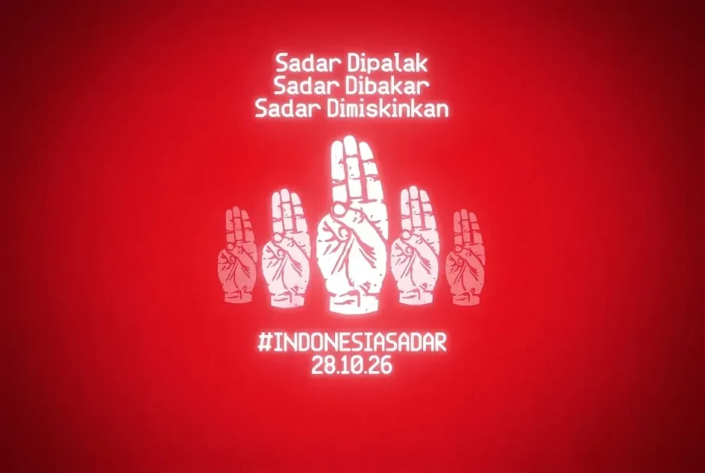 Poster Indonesia Sadar 28 Oktober 2026 menampilkan lima simbol tangan dengan tulisan “Sadar Dipalak, Sadar Dibakar, Sadar Dimiskinkan” dan tagar #IndonesiaSadar.